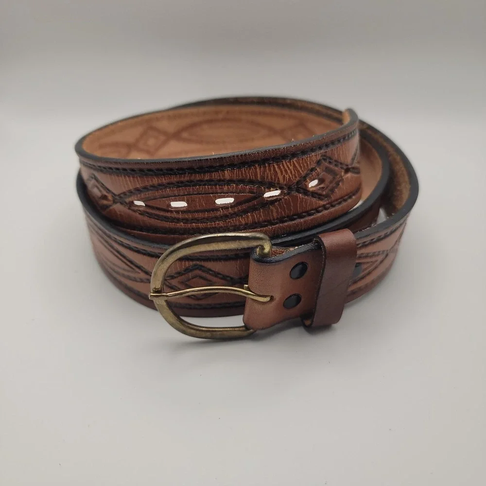 Tooled Leather Belt Size 40 Brown Top Grain Western Oval‎ Brass Buckle